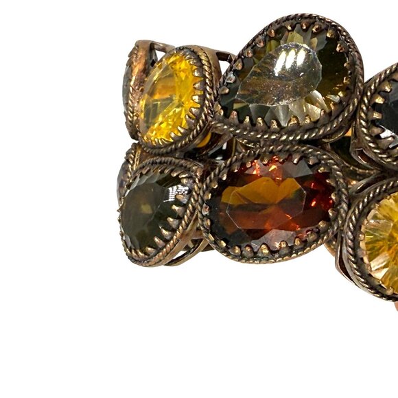 Yellow & Olive Crystal Stretch Statement Bangle Bracelet Bronze Tone Retro - Picture 5 of 5